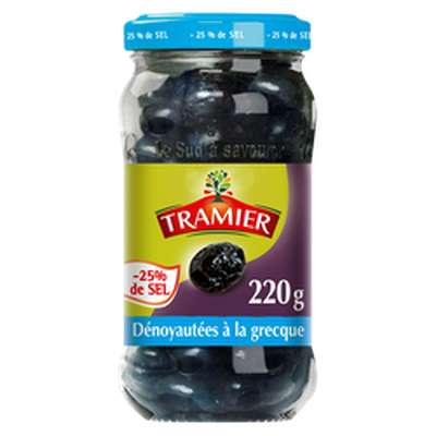 Olives noires à la grecque dénoyautées -25% de sel, Tramier (220 g)