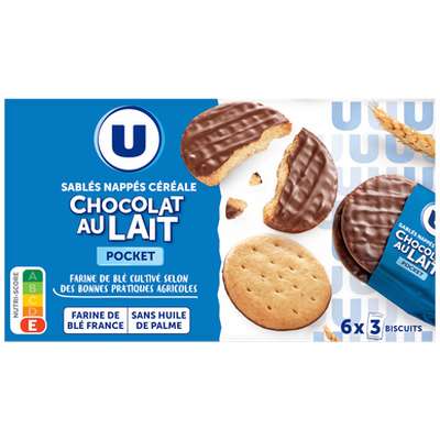 Sablés céréales nappés chocolat lait, U (225 g)