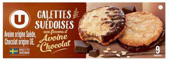 Biscuits galettes Suédoise flocons avoine et chocolat, U (170 g)