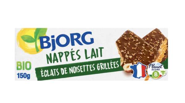 Biscuits nappés chocolat lait éclats de noisettes grillées BIO, Bjorg (150 g)