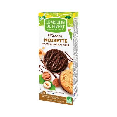 Plaisir noisette nappé de chocolat noir 100 % Vegan BIO, Le Moulin du Pivert (130 g)