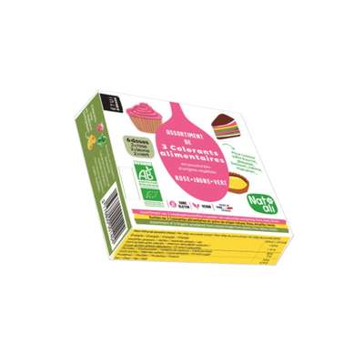 Etui de 3 colorants alimentaires poudre rose, jaune, vert BIO, Natali (3 x 2 doses)