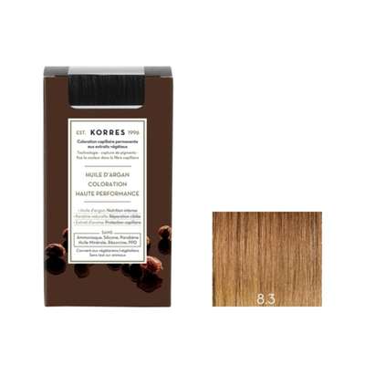 Coloration permanente huile d'argan blond clair doré 8.3, Korres (50 ml)