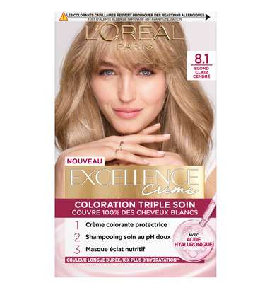 Coloration 8.1 Blond Clair Cendré Soin Triple Acide Hyaluronique Excellence Creme, l'Oréal (x 1)