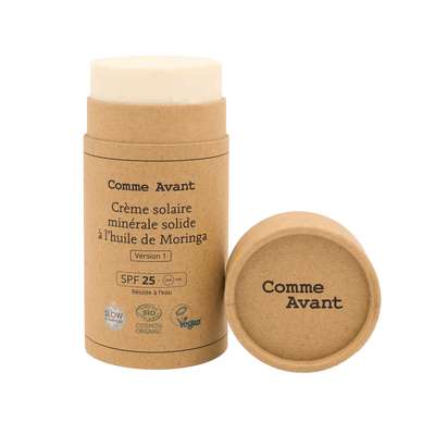 Crème solaire minérale solide à l'huile de Moringa vegan BIO, Comme Avant (80 g)
