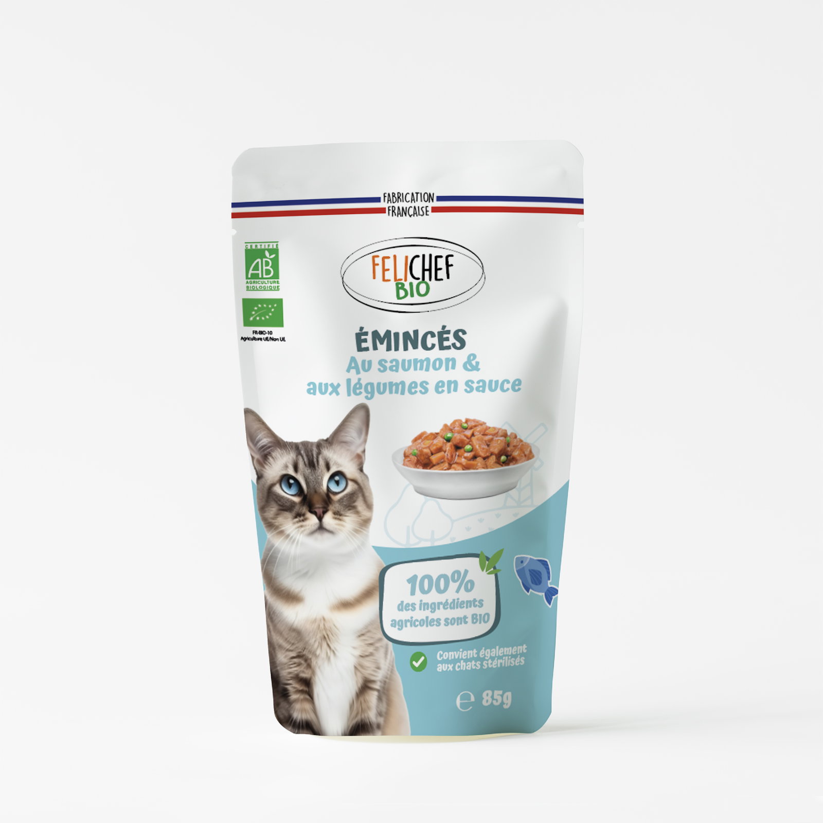 Pochons x12 emincé pour chat au saumon bio