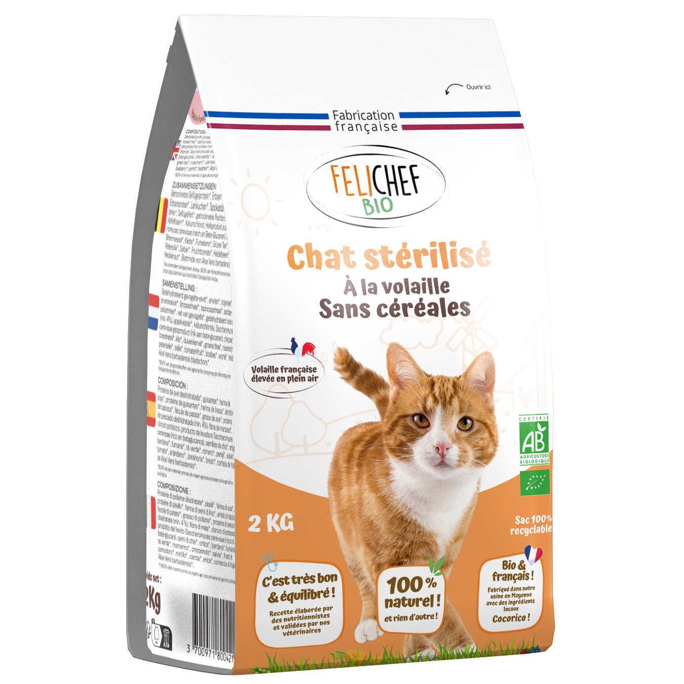 Croquettes chat adulte stérilisé sans céréales bio