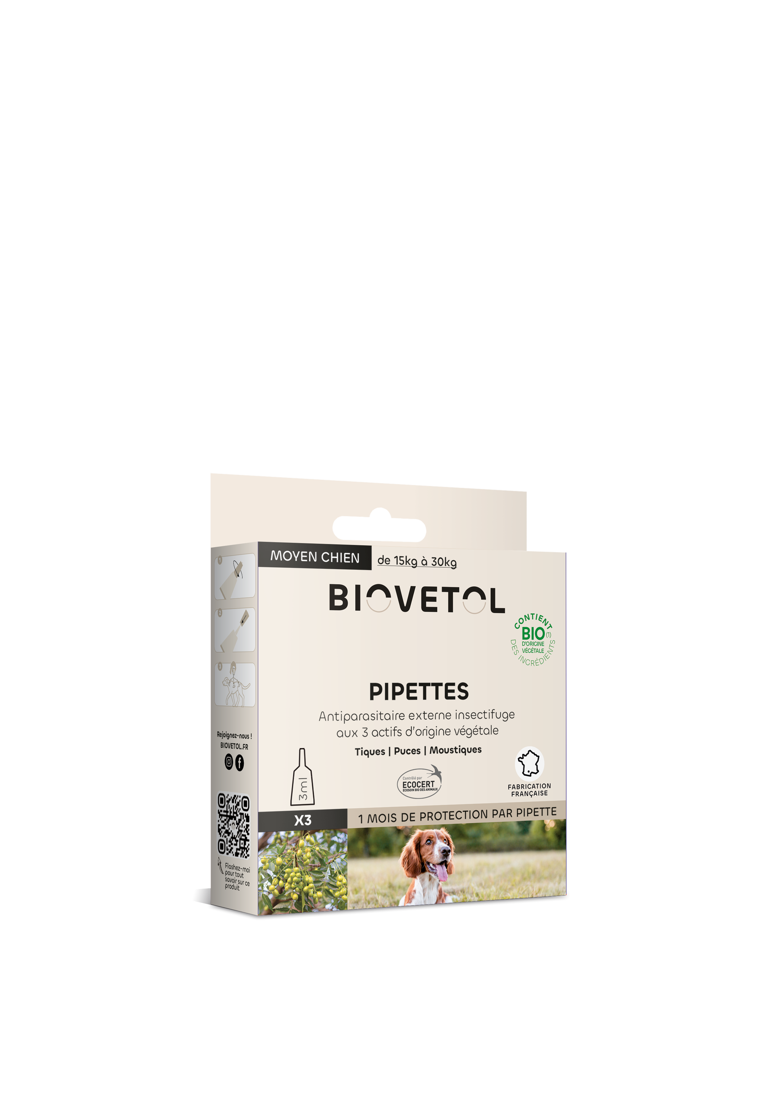 Pipettes anti-puces anti-tiques moyen chien (15 à 30kg) bio x 3