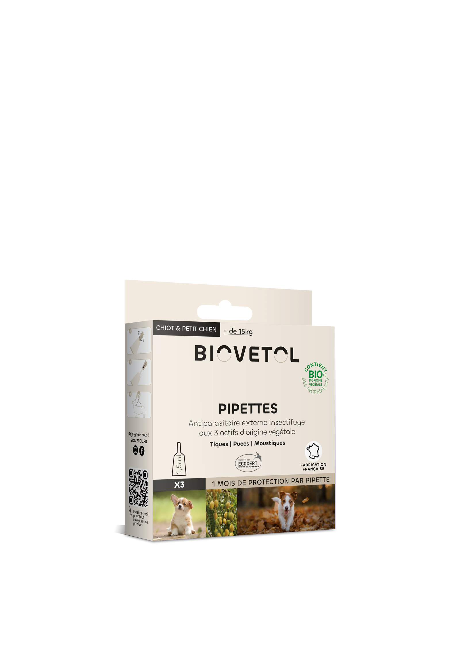 Pipettes anti-puces anti-tiques chiot / petit chien (-15kg) bio x 3