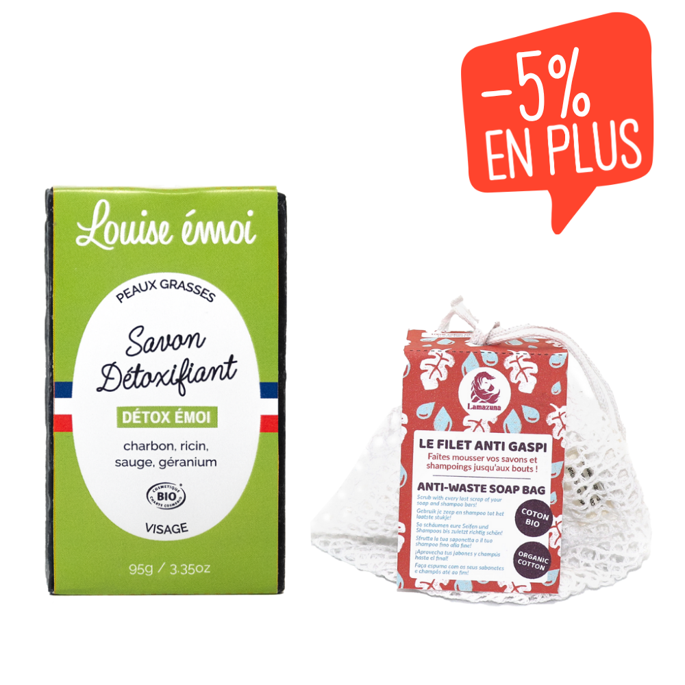 Lot Savon détox certifié Cosmos Organic et Filet chutes de savon