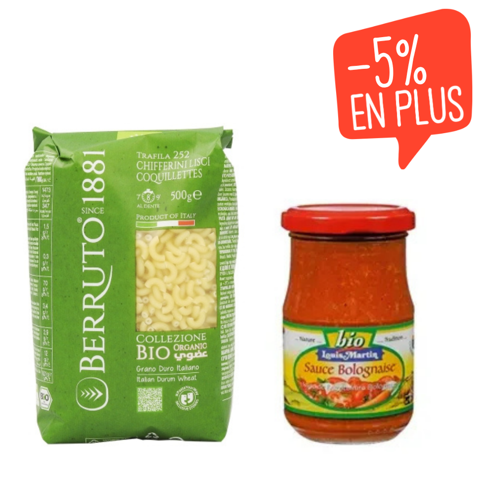 Lot pâtes coquillettes bio et Sauce bolognaise bio