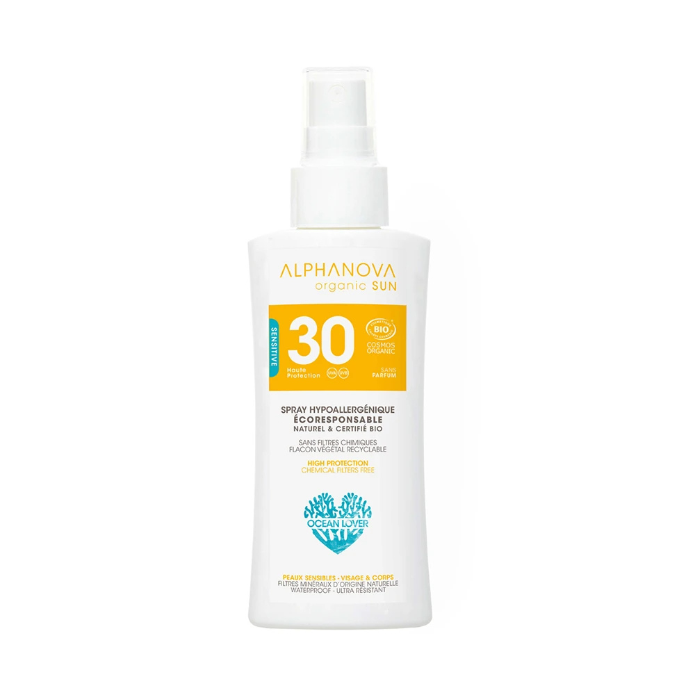 Spray solaire hypoallergénique SPF30 certifié Cosmos Organic