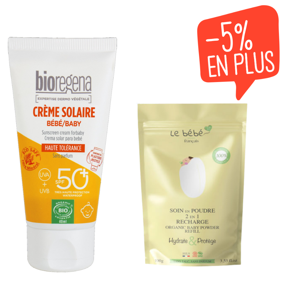 Lot Soin en poudre 2 en 1 pour bébé sans talc et crème solaire bébé SPF50+ certifiée bio