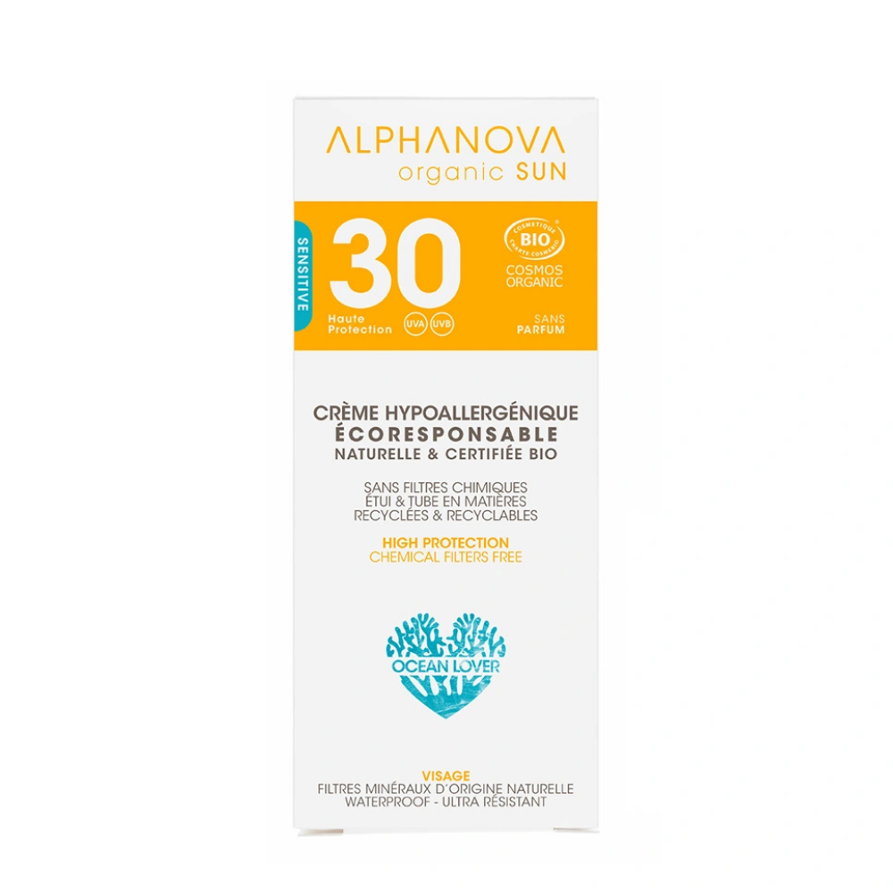 Crème solaire hypoallergénique SPF30+ certifiée Cosmos Organic
