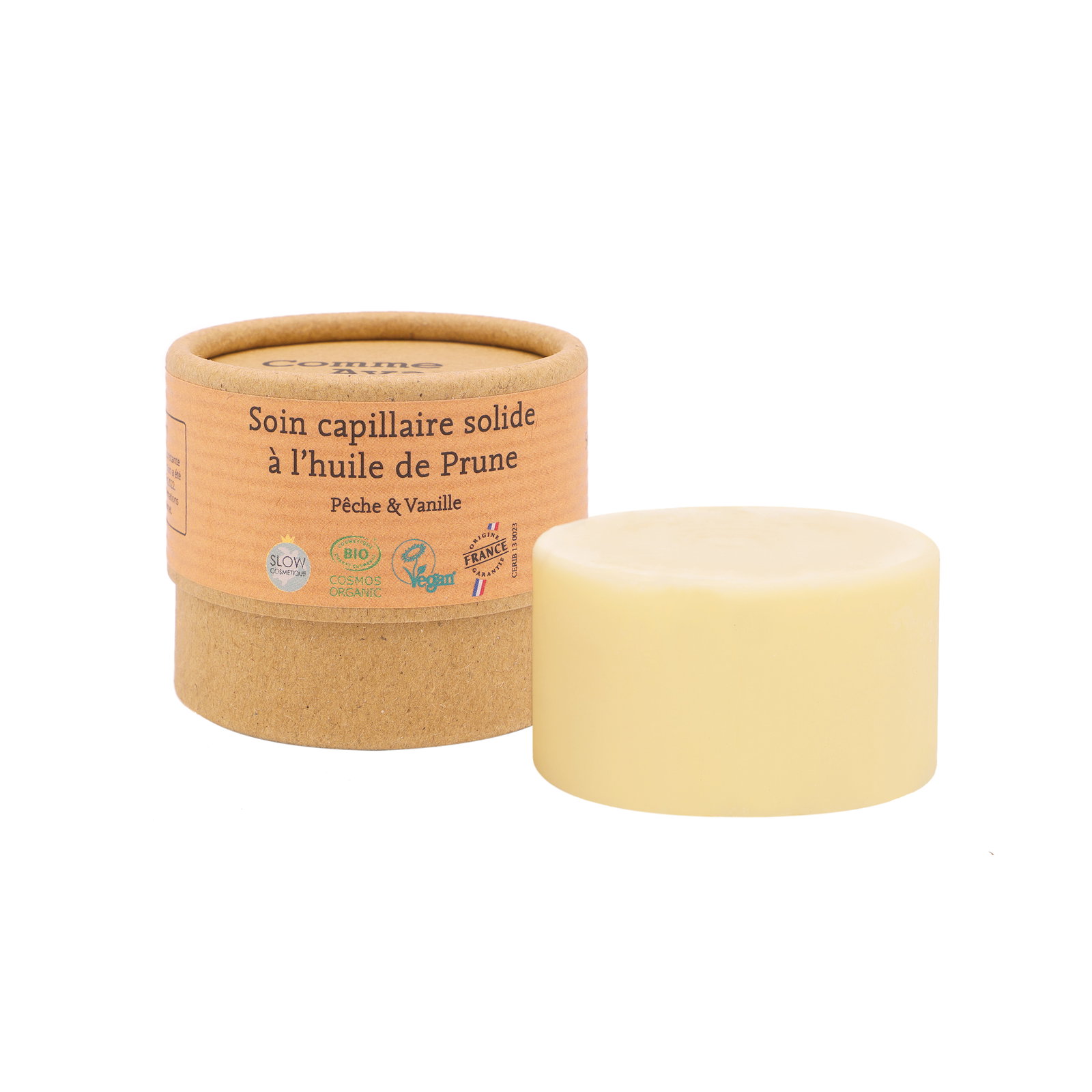 Soin capillaire solide à l'huile de prune - pêche & vanille