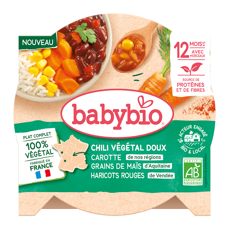 Assiette midi chili végétal doux bio - carotte des Landes maïs d'Aquitaine haricots rouges de Vendée (dès 12 mois)