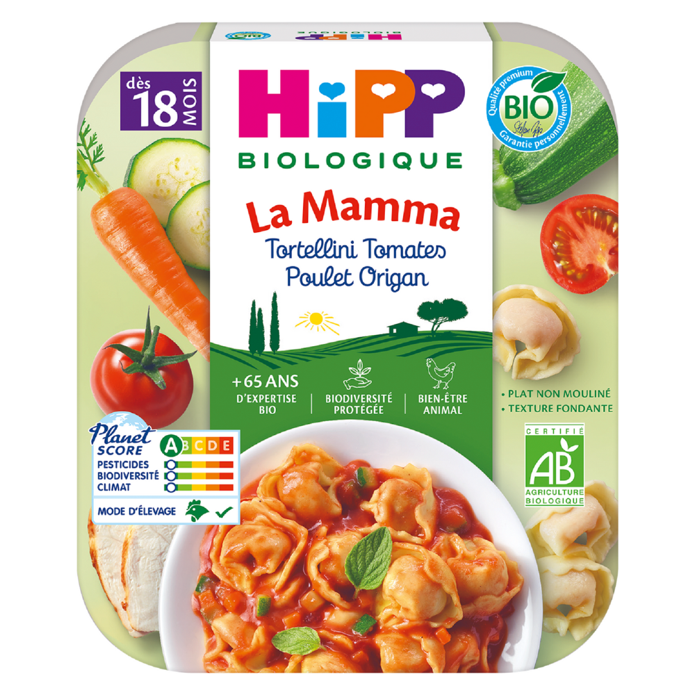 Assiette midi tortellini tomates poulet origan bio (dès 18 mois)