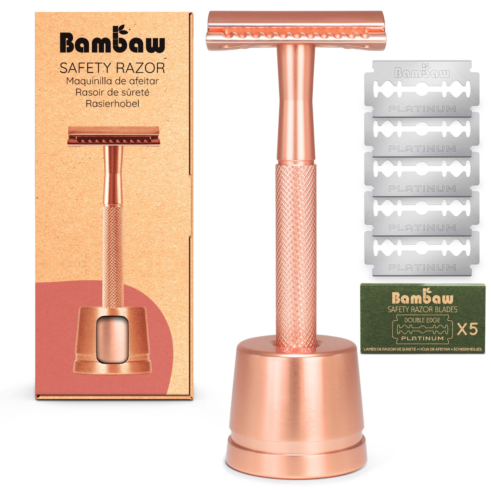Rasoir de sûreté or rose + socle + 5 lames
