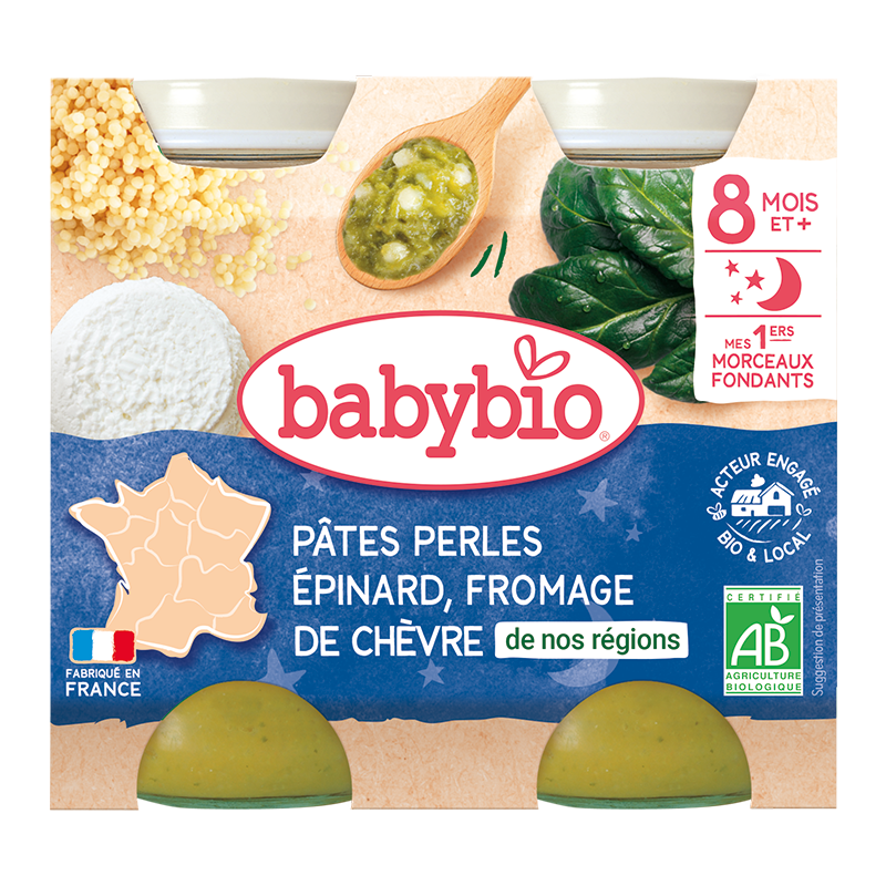 Petits pots soir pâtes perles epinards & fromage de chèvre bio - morceaux fondants (dès 8 mois) - 2x200g