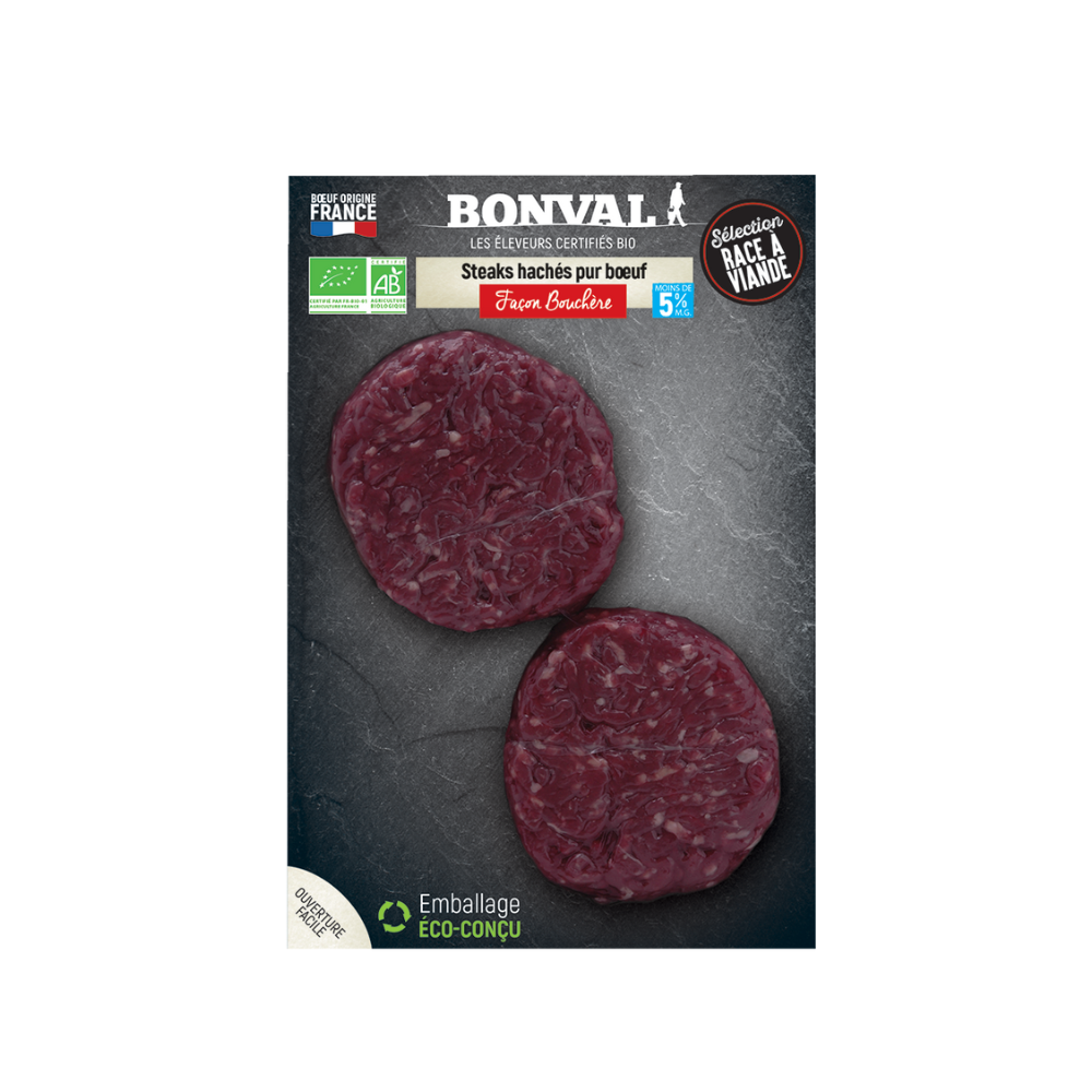Steak haché pur boeuf 5% MG façon bouchère bio x 2