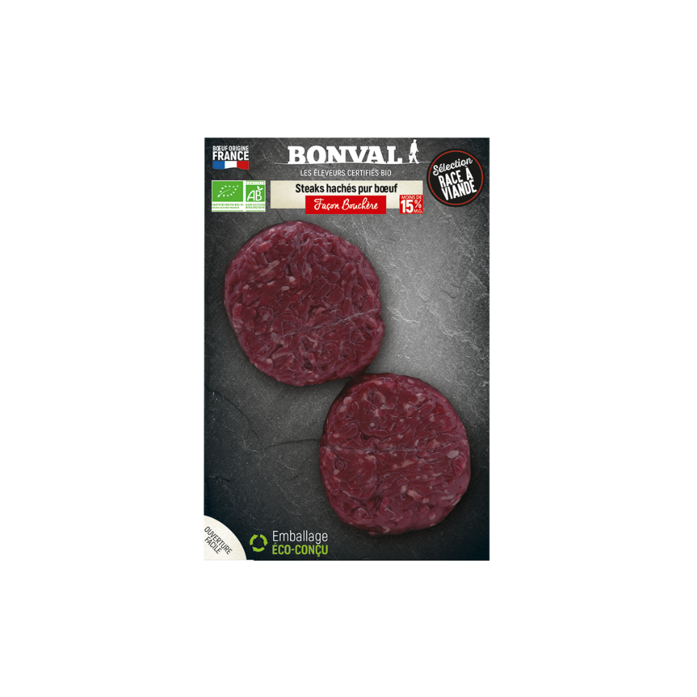 Steak haché pur boeuf 15% MG façon bouchère bio x 2
