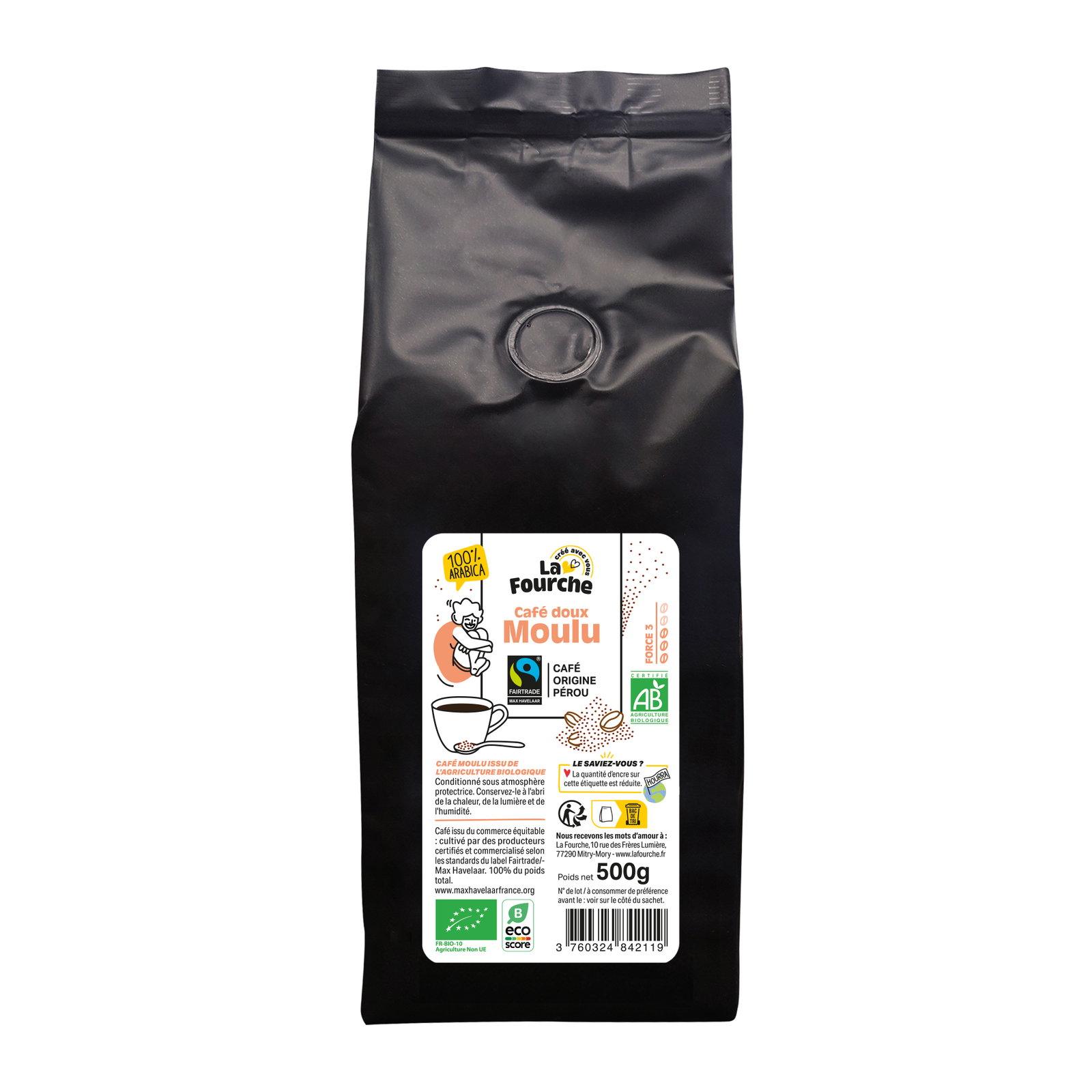 Café moulu doux 100% arabica Pérou bio équitable