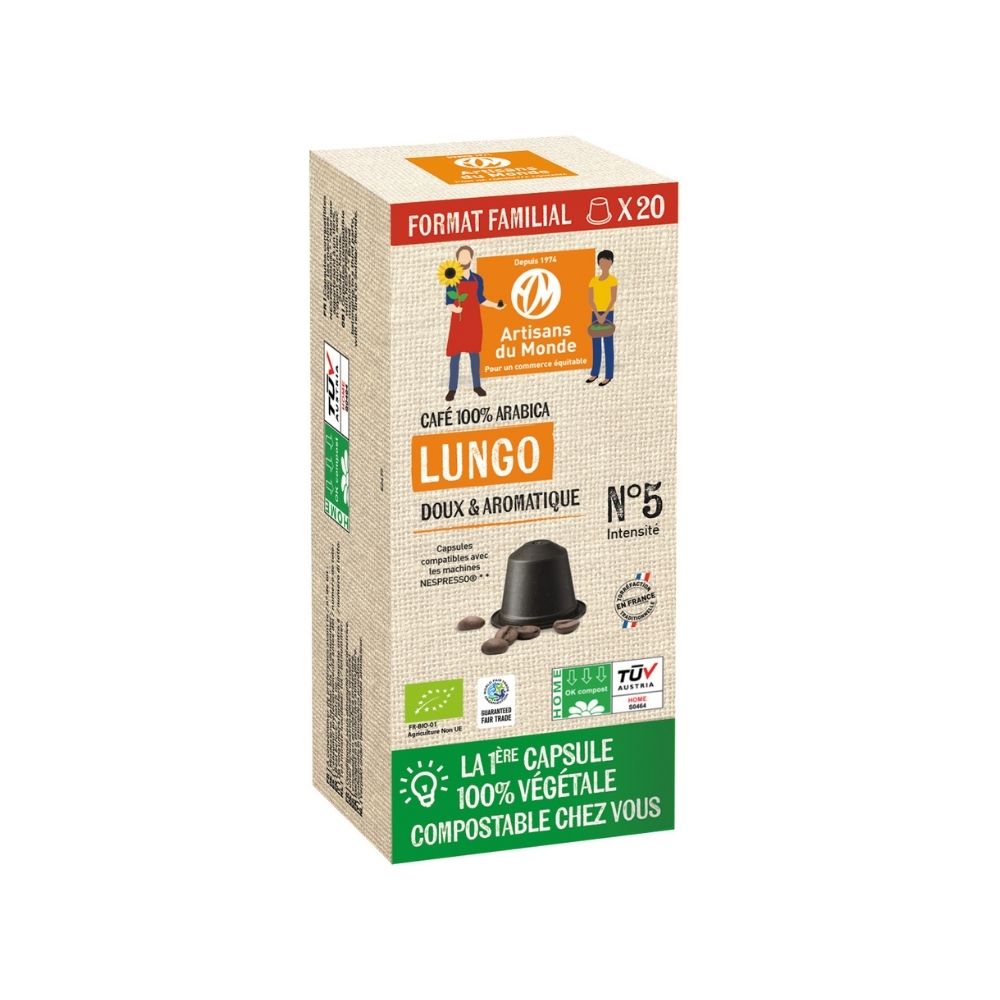 Café capsules OK Home compost Lungo arabica bio équitable x 20