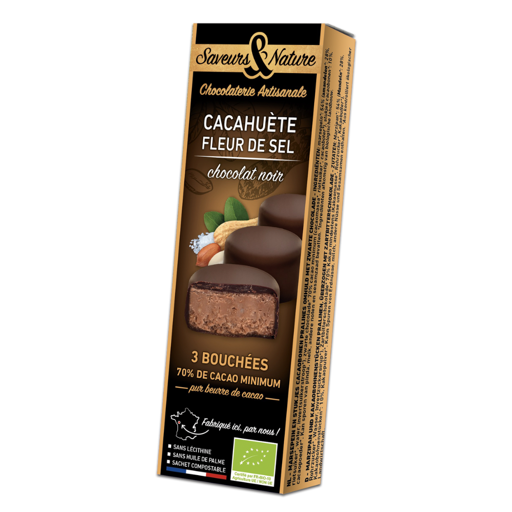 Bouchées à la cacahuète et à la fleur de sel enrobées de chocolat noir bio