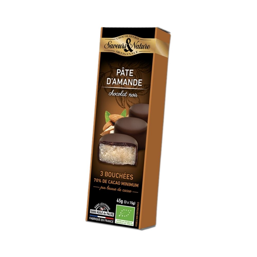 Bouchées amandines pâte d'amande enrobées de chocolat noir 70% bio