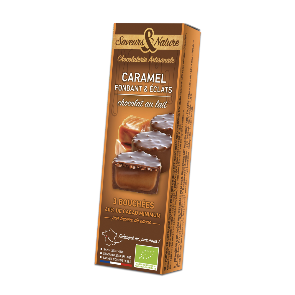 Bouchées de chocolat au lait au caramel et éclat de caramel bio