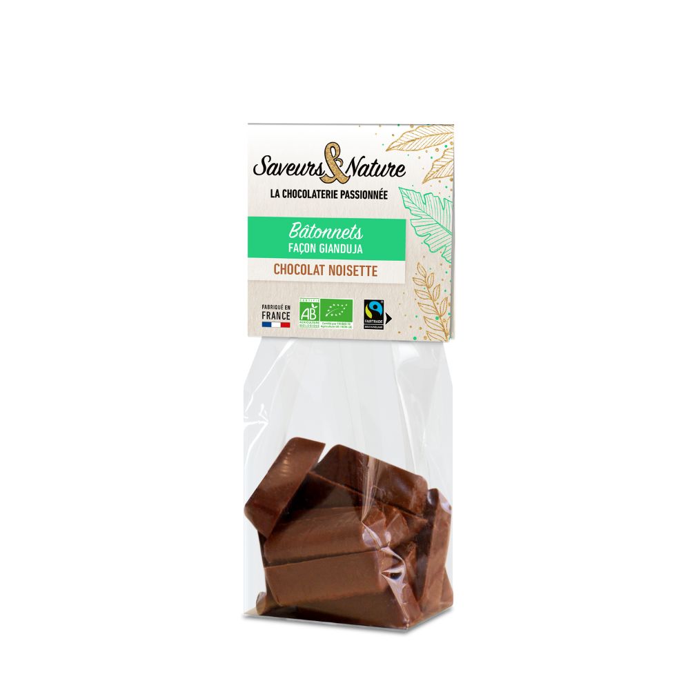 Sachet de bâtonnets chocolat noisette façon gianduja bio équitable