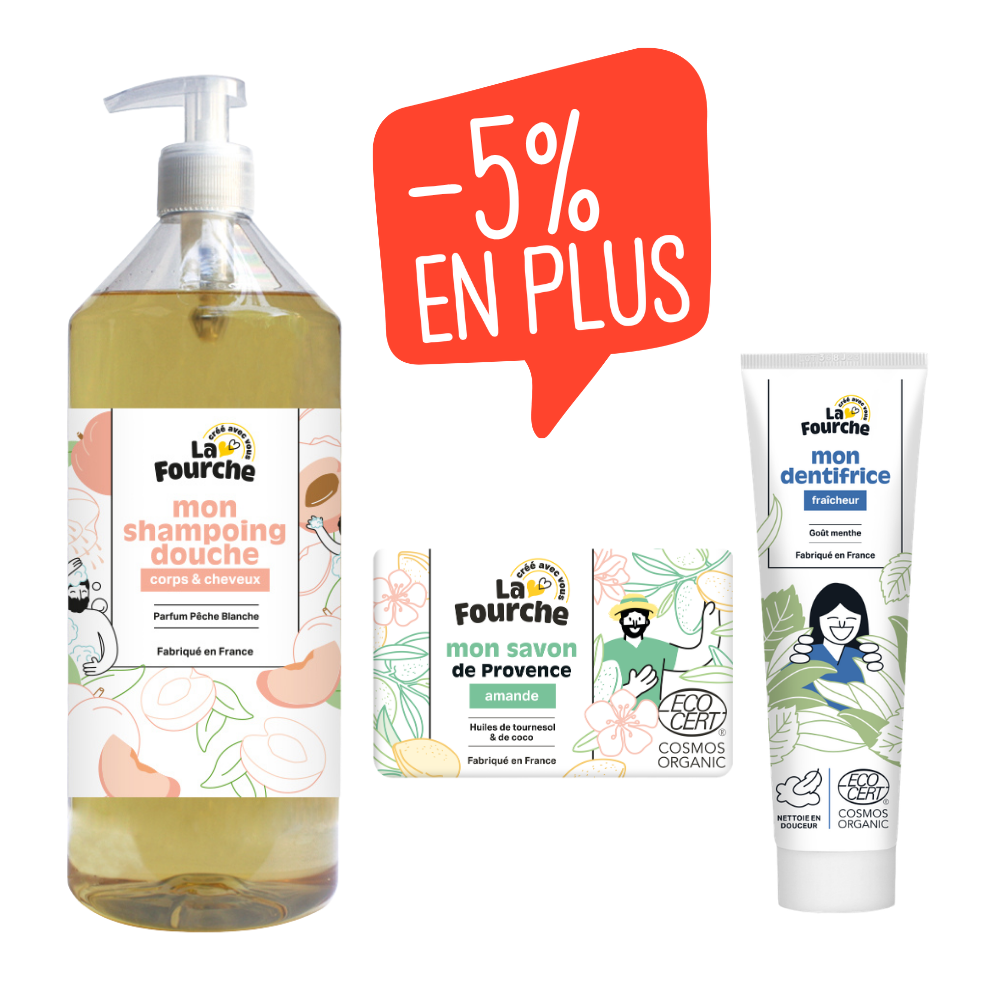 Basiques de salle de bain dentifrice fraicheur, savon de Provence amande douce, shampoing douche pêche blanche