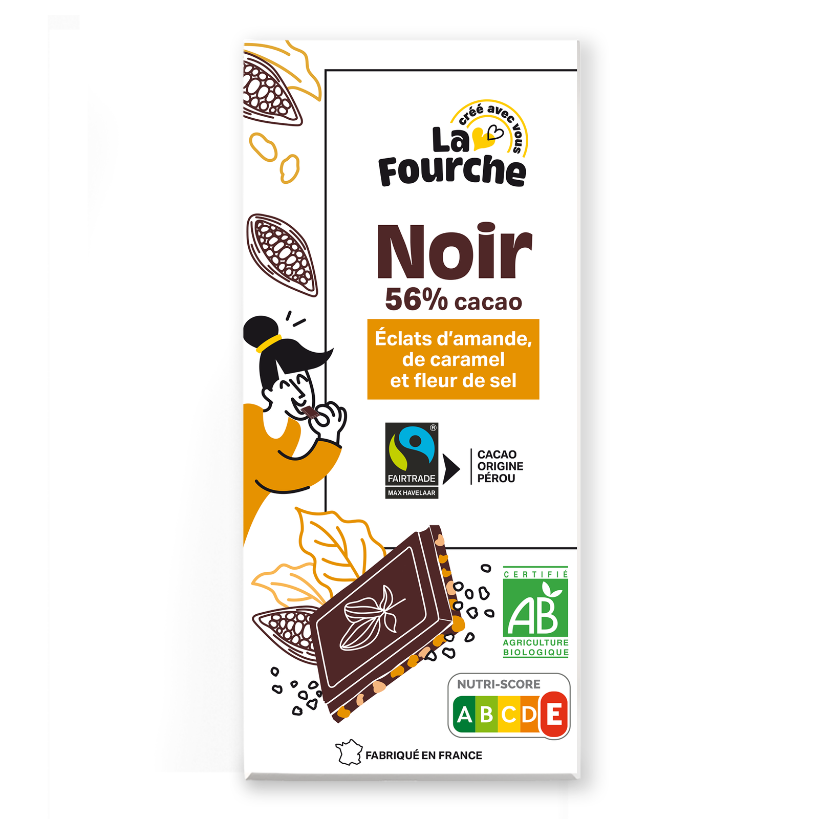 Chocolat noir 56% éclats d'amandes, de caramel et fleur de sel bio et équitable
