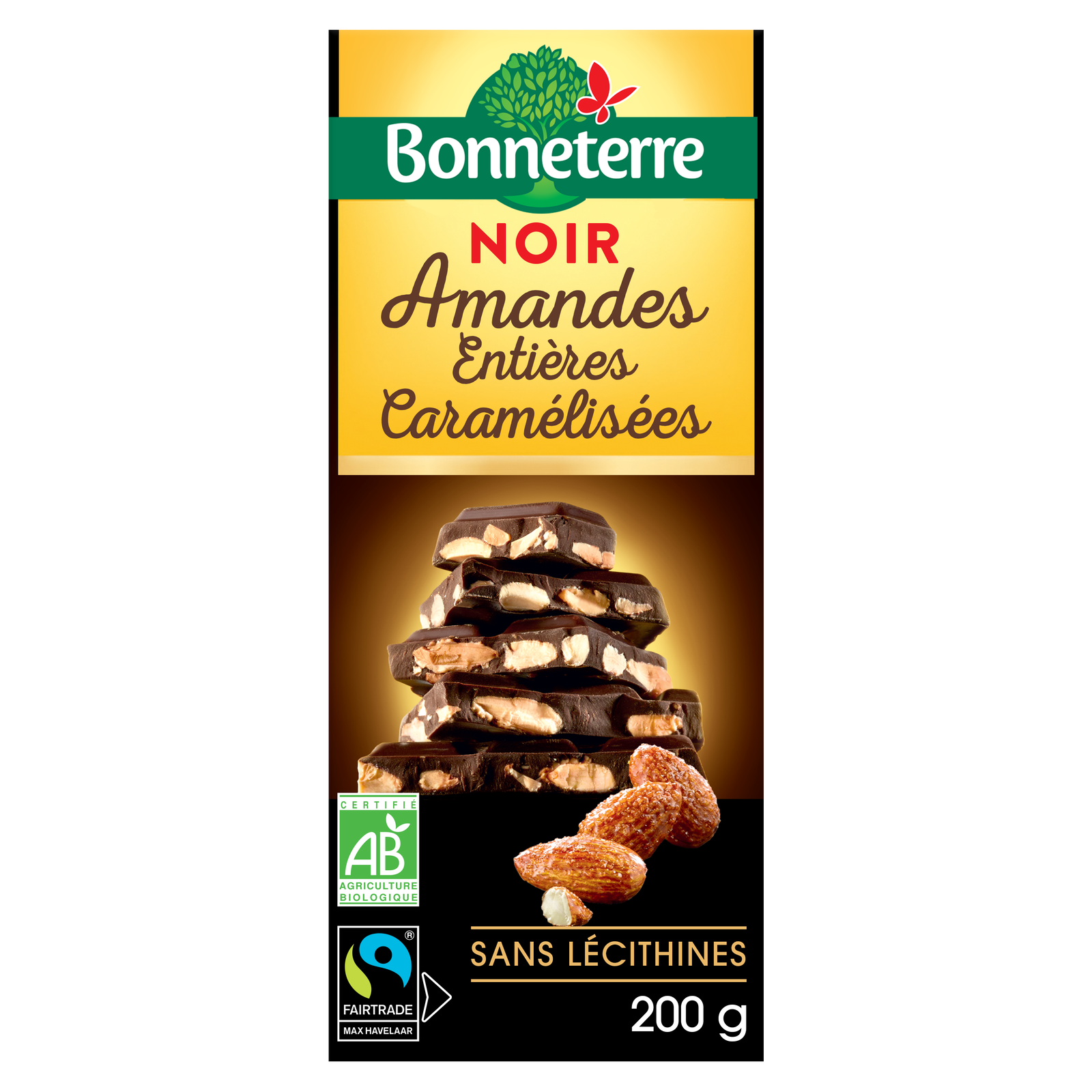 Chocolat noir amandes entières caramélisées bio et équitable