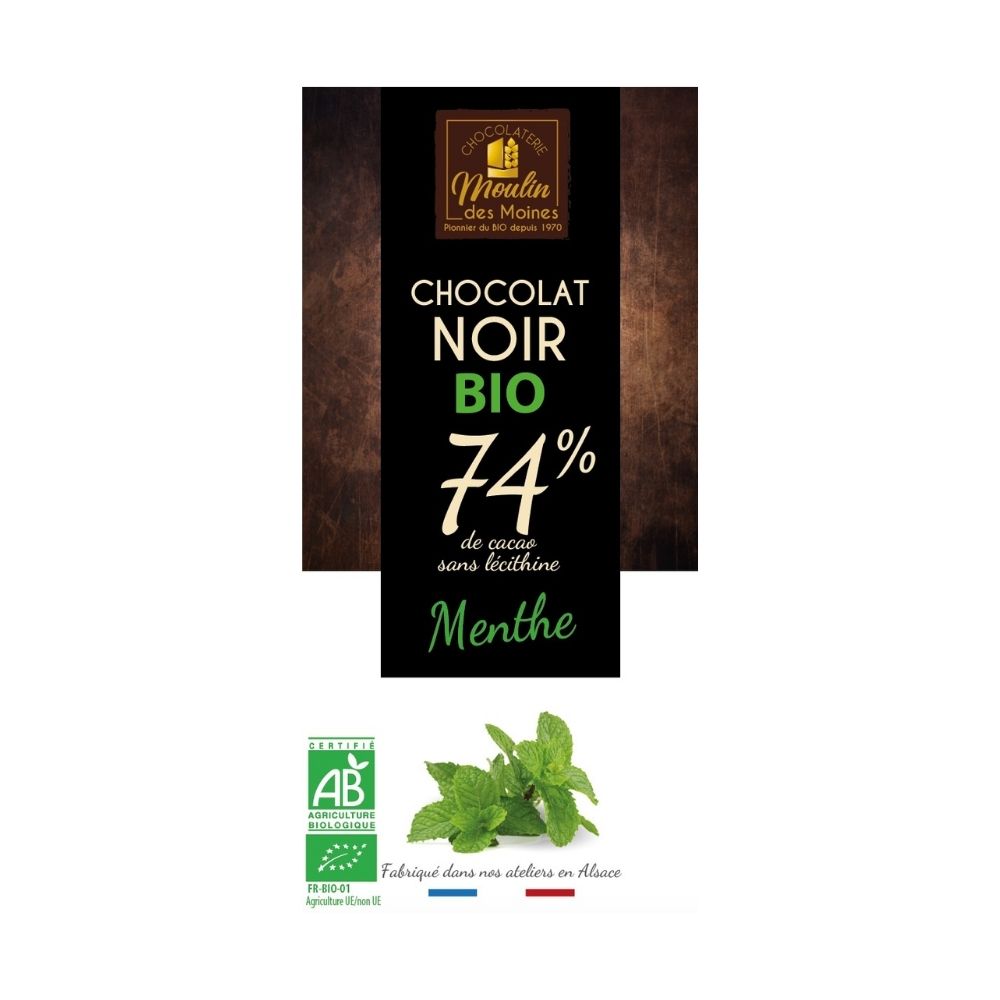 Chocolat noir 74% à la menthe bio