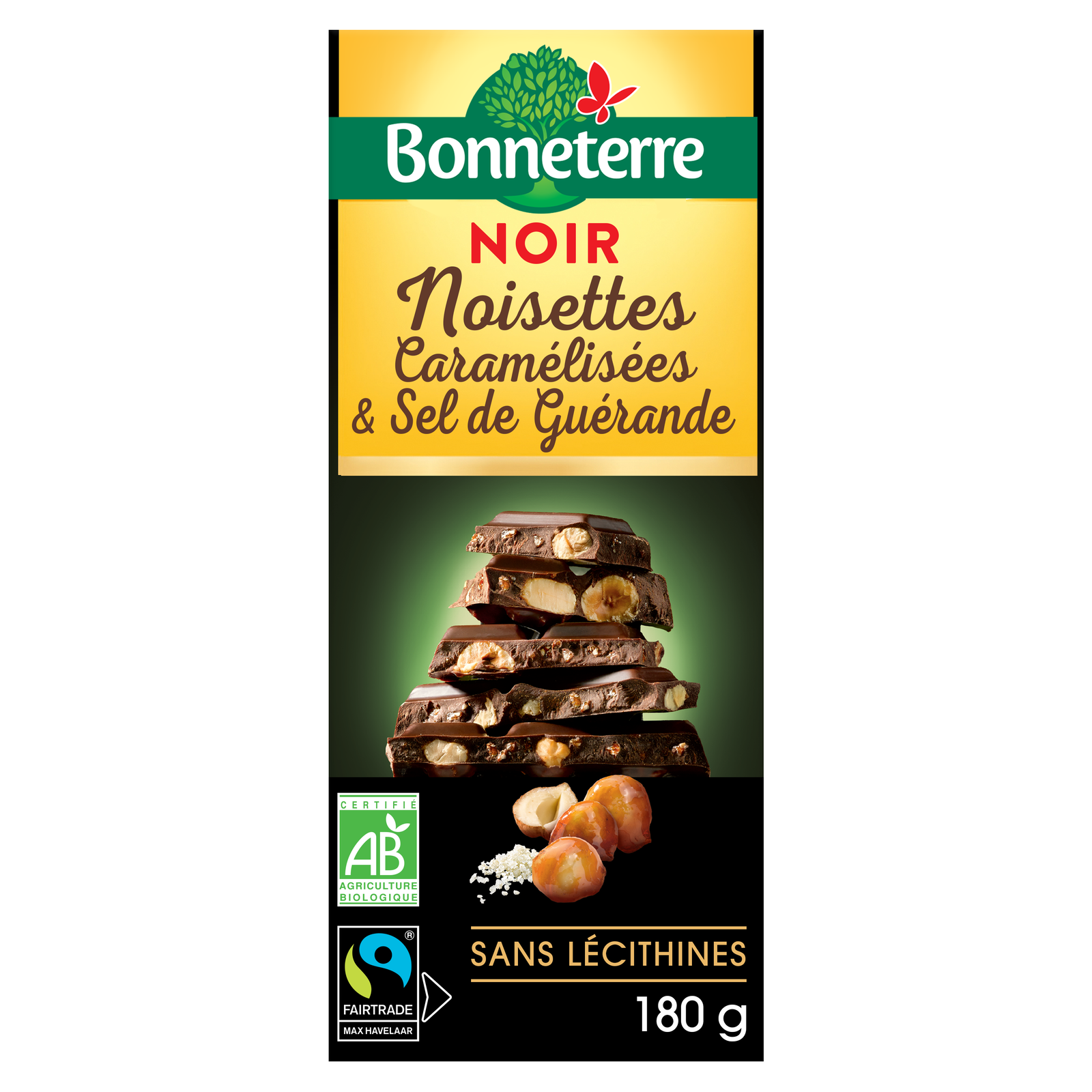 Chocolat noir noisettes caramélisées et sel de Guérande bio et équitable