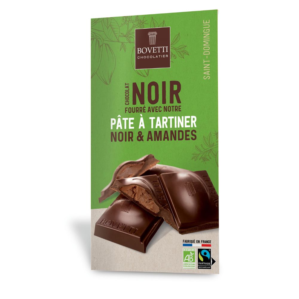 Tablette chocolat noir fourrée à la pâte à tartiner noir et amandes bio et équitable