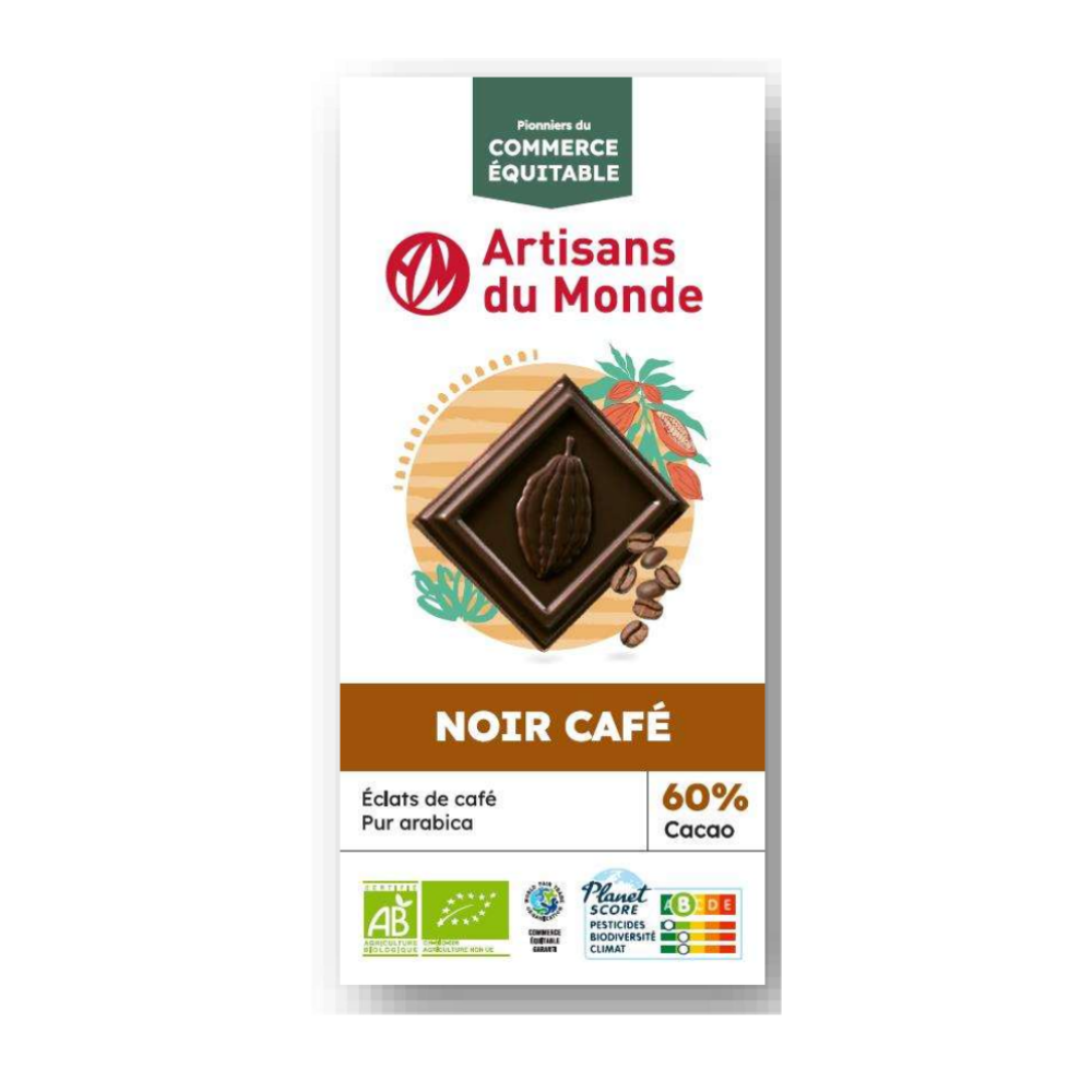 Chocolat noir 60% aux éclats de café bio equitable