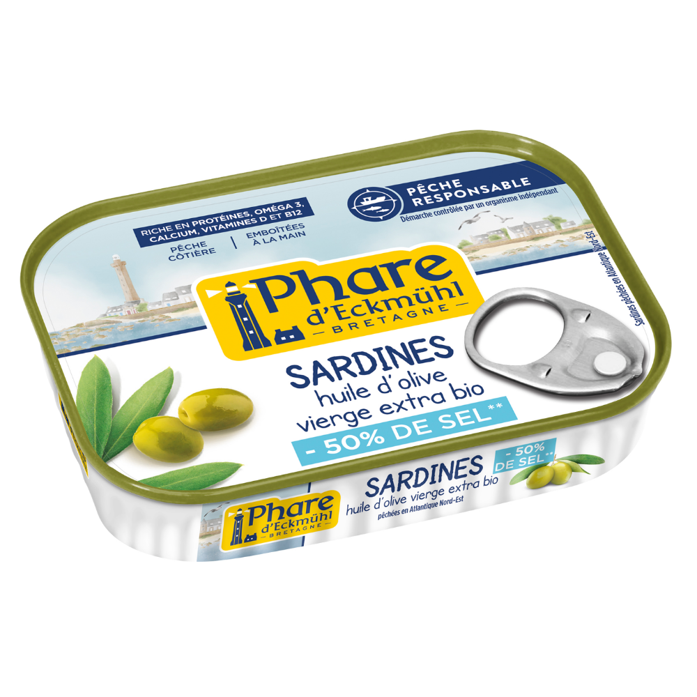 Sardines à l'huile d'olive bio à teneur réduite en sel - pêche responsable