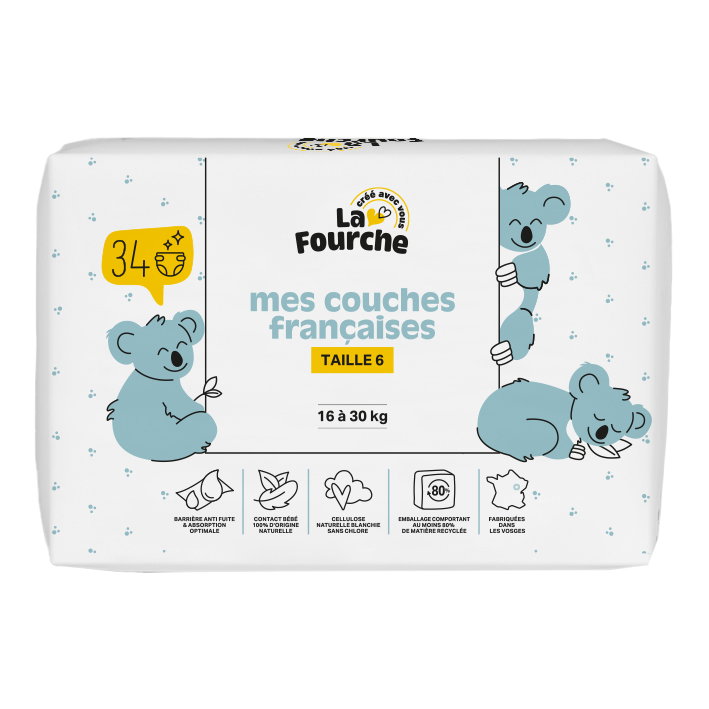 Couches françaises T6 (16 - 30 kg) avec matières d'origine naturelle x 34