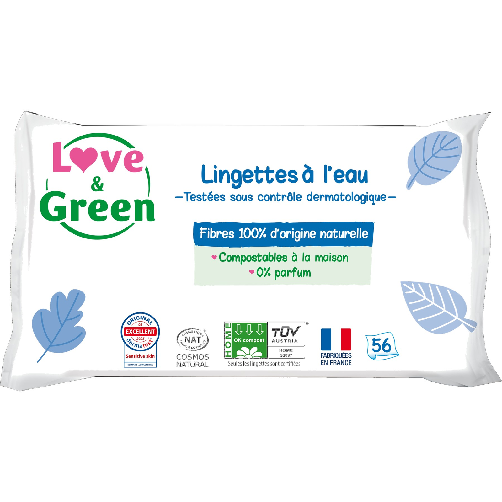 Lingettes à l'eau fibres d’origine naturelle x 56