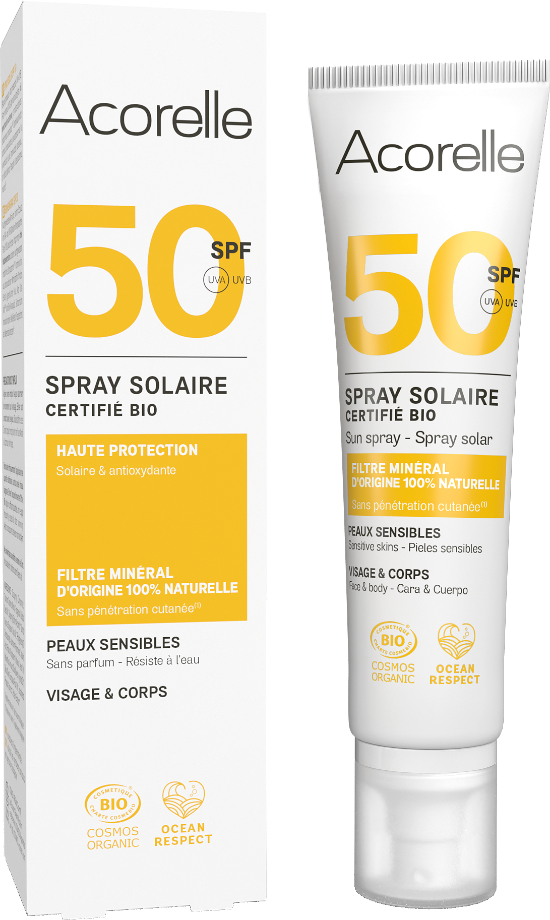 Spray solaire SPF50 sans effet blanc certifié bio