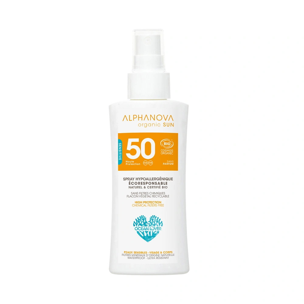 Spray solaire hypoallergénique SPF50 certifié Cosmos Organic