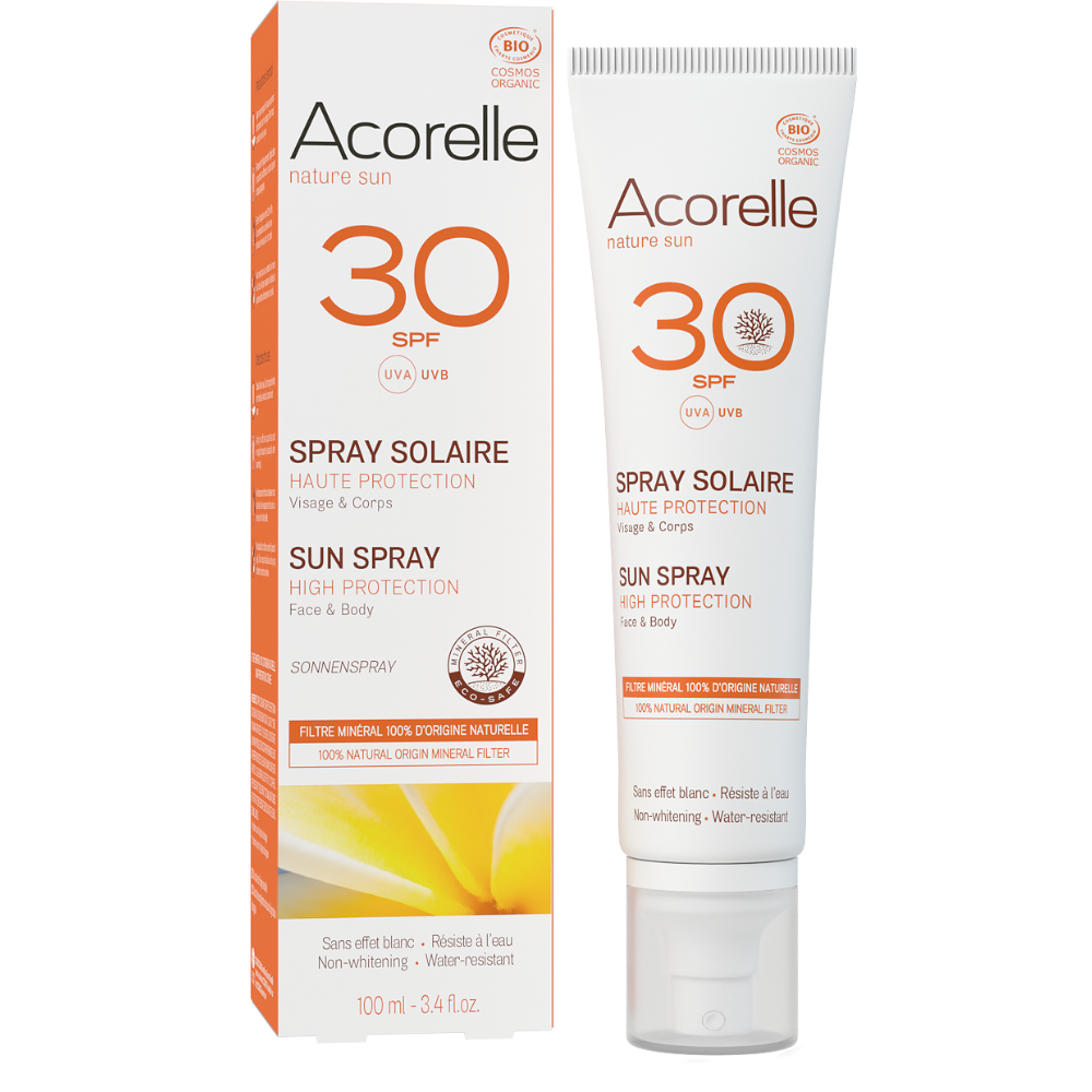 Spray solaire SPF30 sans effet blanc certifié bio
