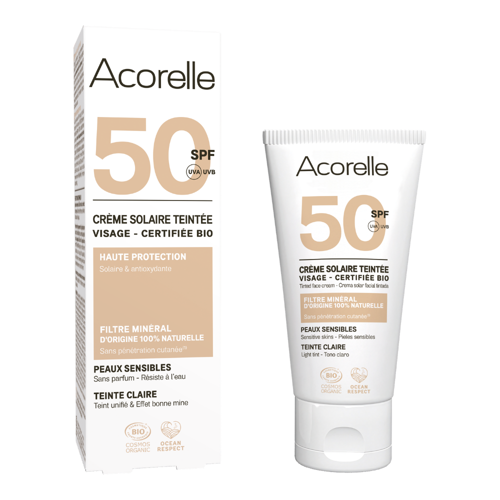 Crème solaire visage teintée claire SPF50 certifiée bio