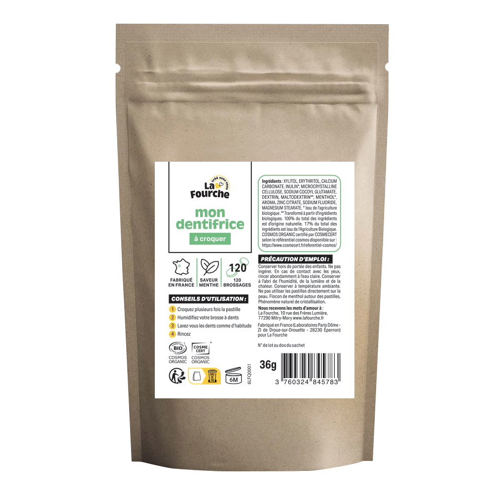 Dentifrice à croquer certifié Cosmos Organic - avec fluor x 120
