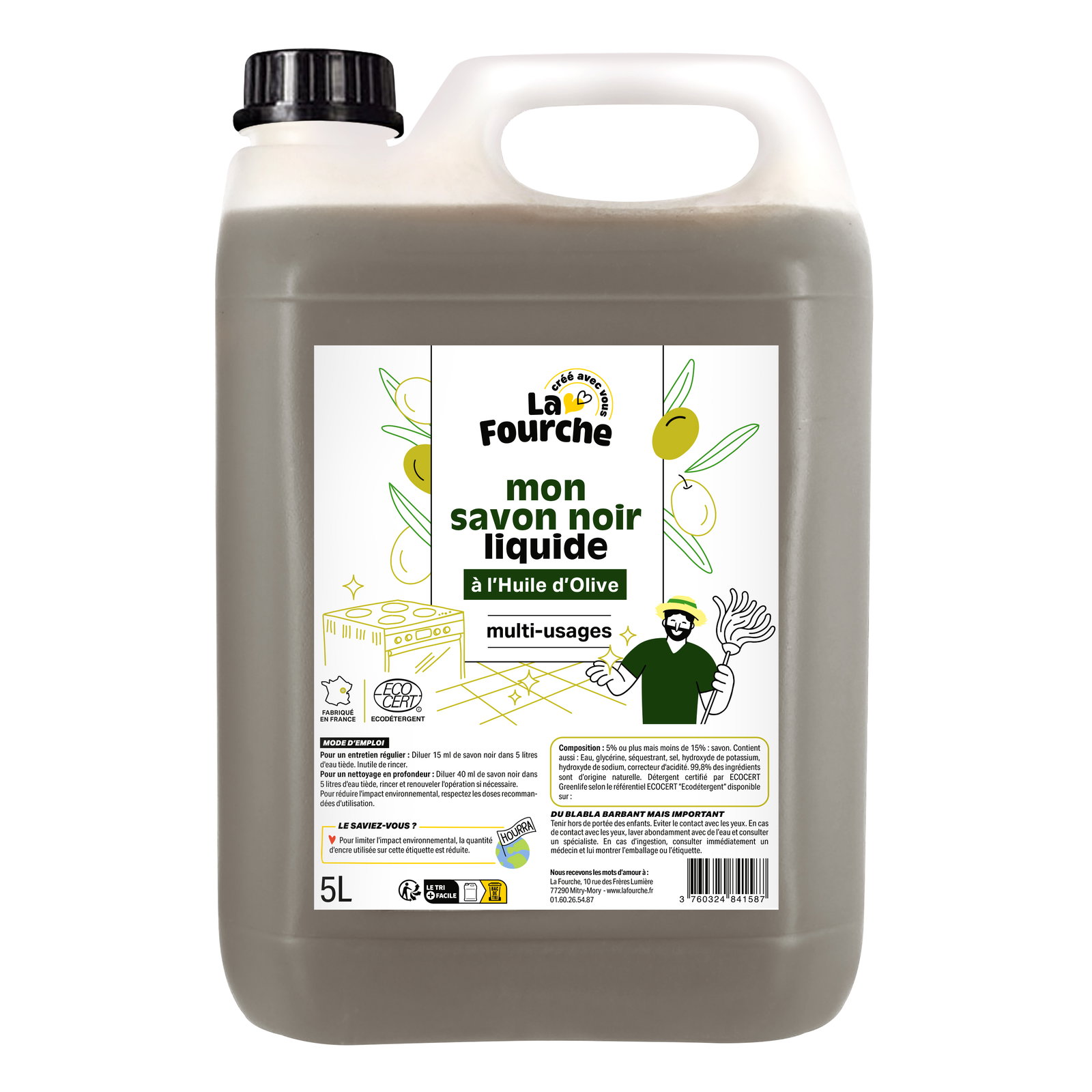 Savon noir liquide à l'huile d'olive certifié Ecodétergent - 5L