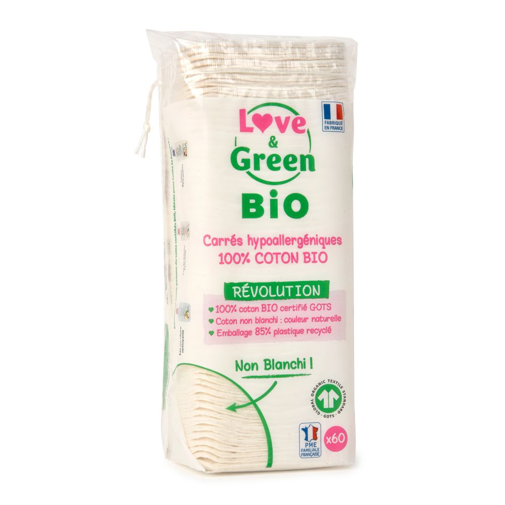 Carrés de coton non-blanchis bio x 60