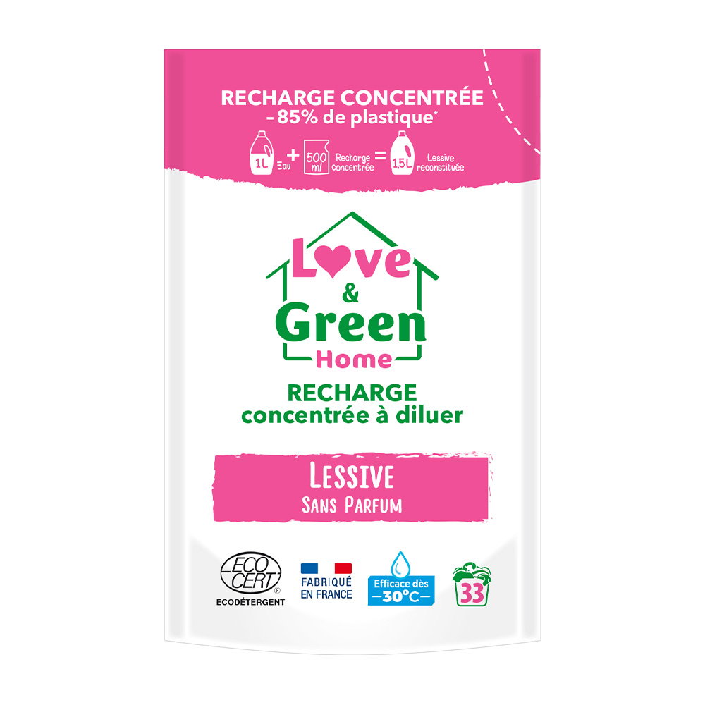 Recharge concentrée à diluer de lessive sans parfum hypoallergénique certifiée Ecodétergent