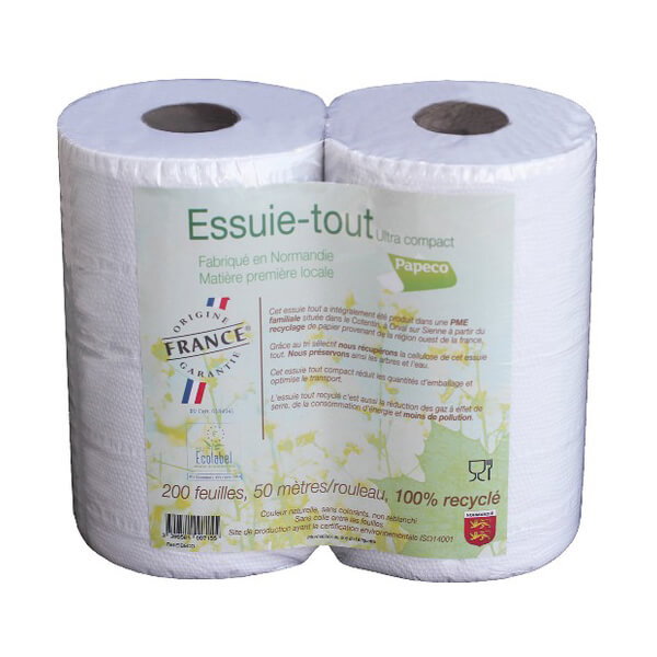 Essuie-tout blanc papier 100% recyclé Ecolabel origine France - 200 feuilles x 2